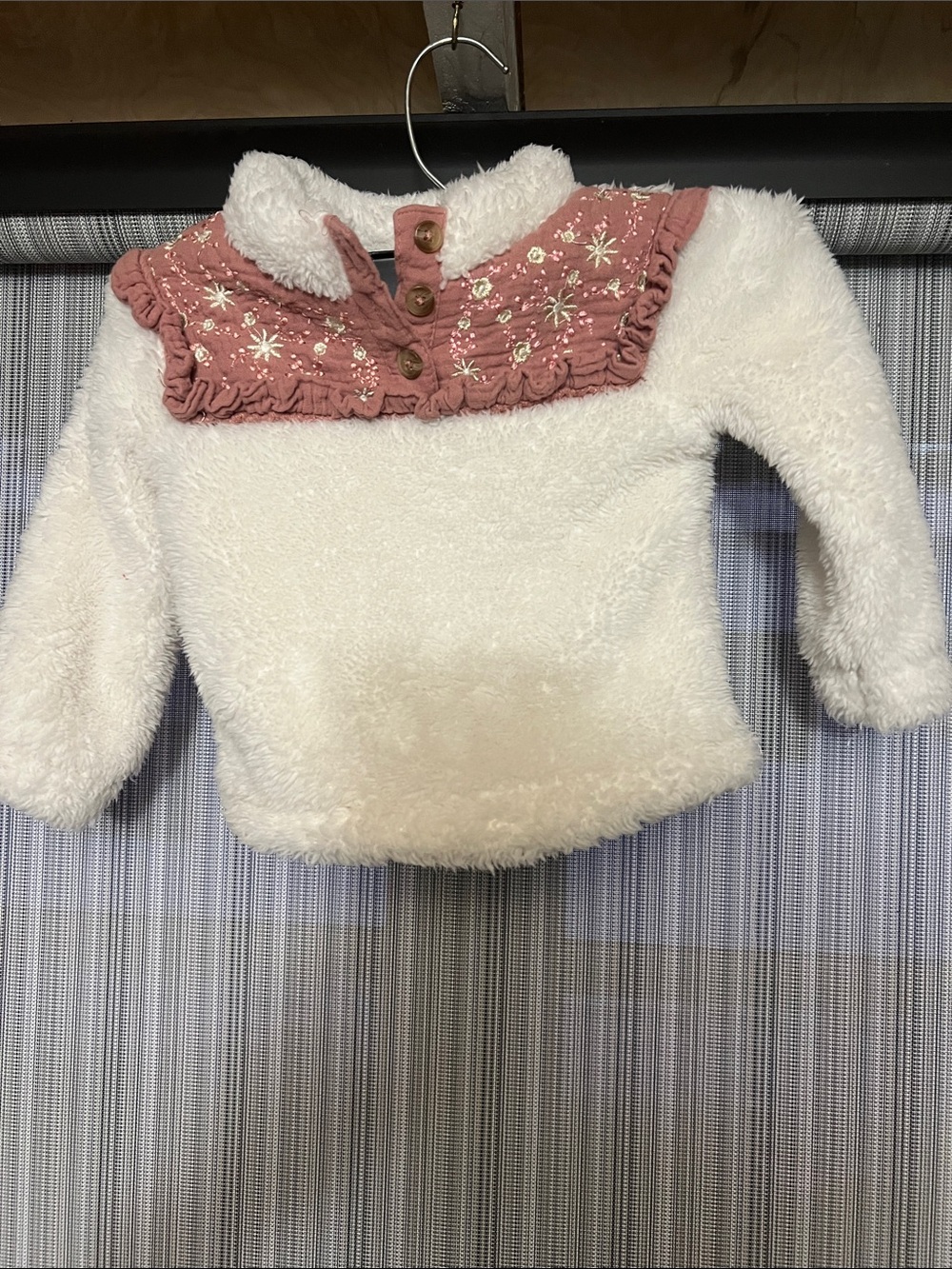 Cream Plush Girls' Pullover with Embroidered Dusty Pink Yoke